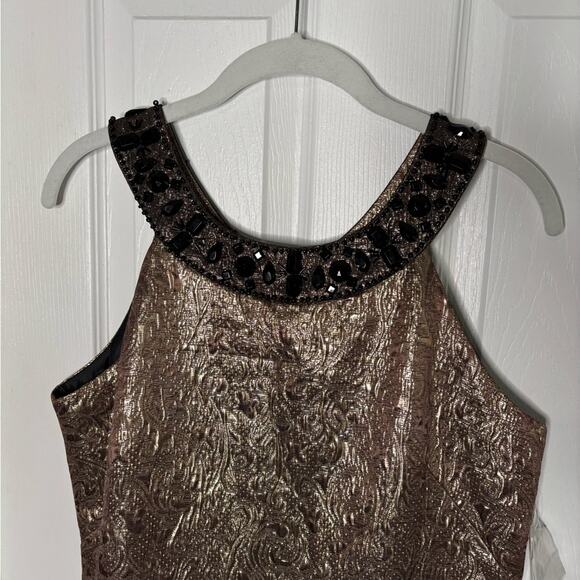 Eliza J Gold Embroidered Sleeveless Dress Black Beaded Neckline Size 10 - Picture 2 of 7